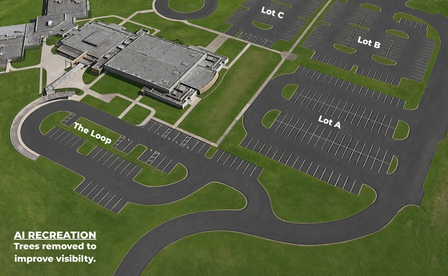 Aerial overview of the venue showing the building, The Loop, and Lots A, B, and C